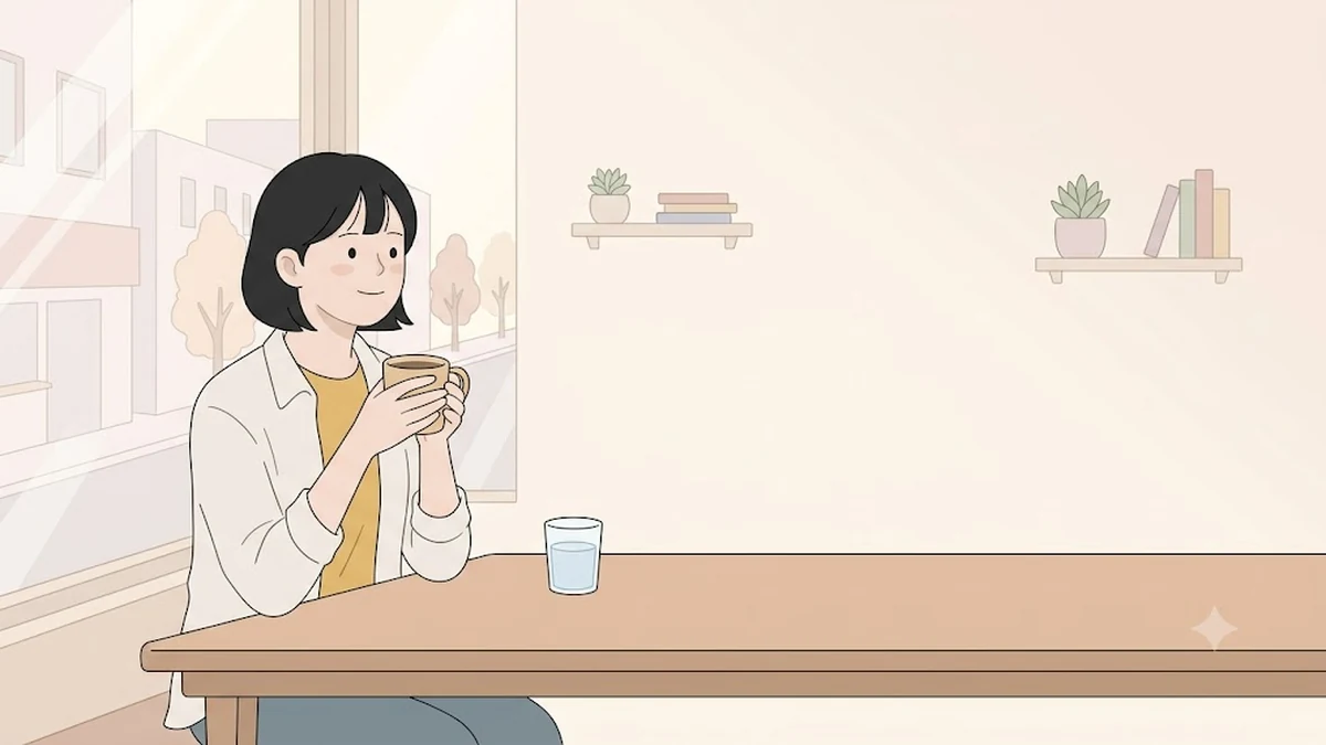 위고비 커피, 다이어트 주사 카페인, 카페 창가에서 커피잔을 든 장면