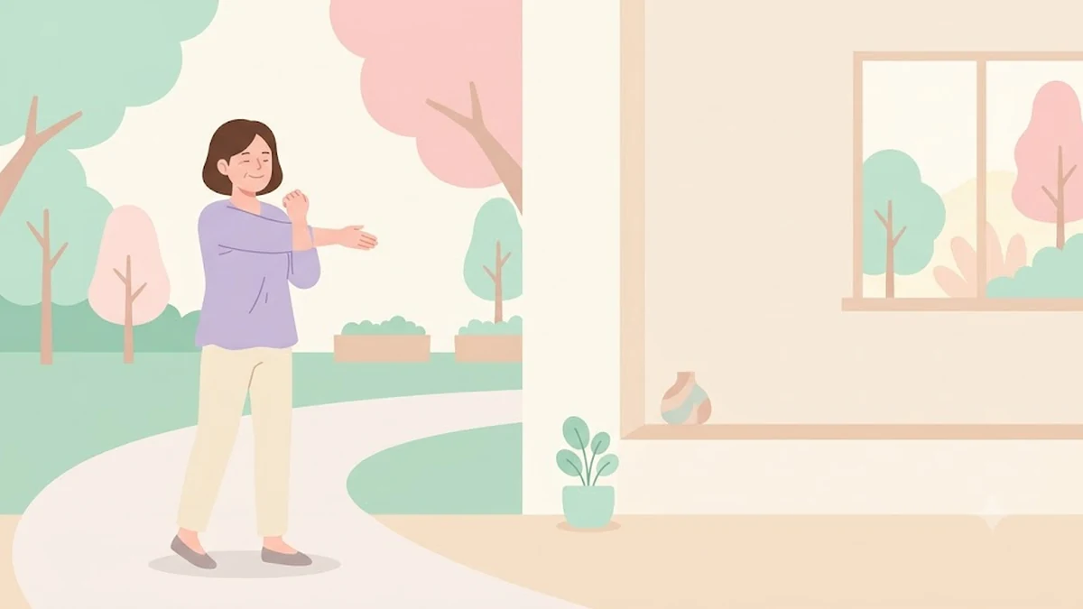 마운자로·위고비 쓸 때 유산소와 근력운동, 공원 산책로에서 걷다가 스트레칭하는 장면