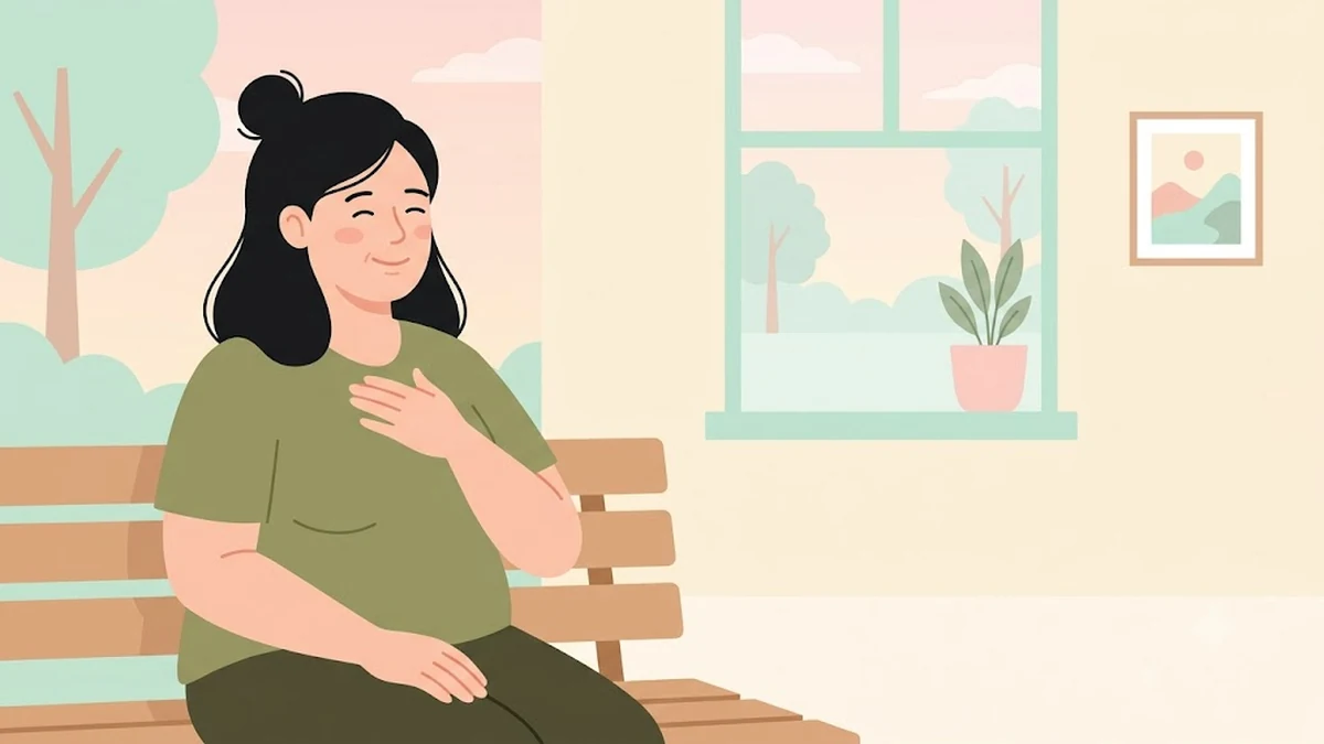 SELECT 연구 브리핑, 공원 벤치에서 가슴에 손을 얹고 편안히 쉬는 장면