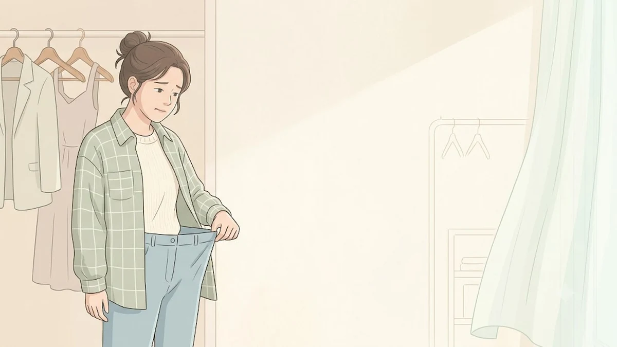 다이어트 주사 피부 처짐, 위고비 체형 변화, 헐렁해진 옷을 보는 사람