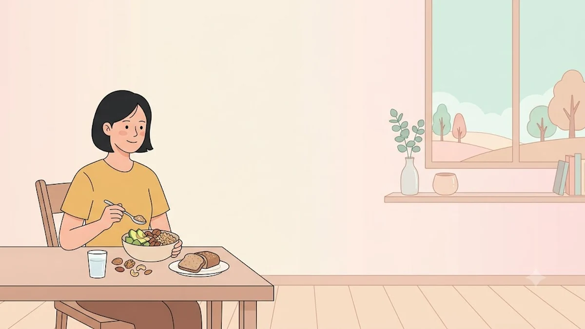 담석 위험 메타분석 브리핑, 식탁에서 아보카도와 견과류를 곁들인 식사를 하는 장면