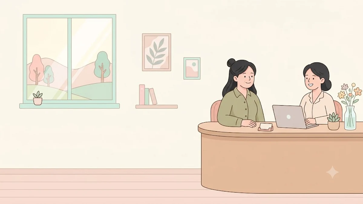 갑작스러운 시력 변화를 확인하러 안과에 온 장면, 접수대에서 상담