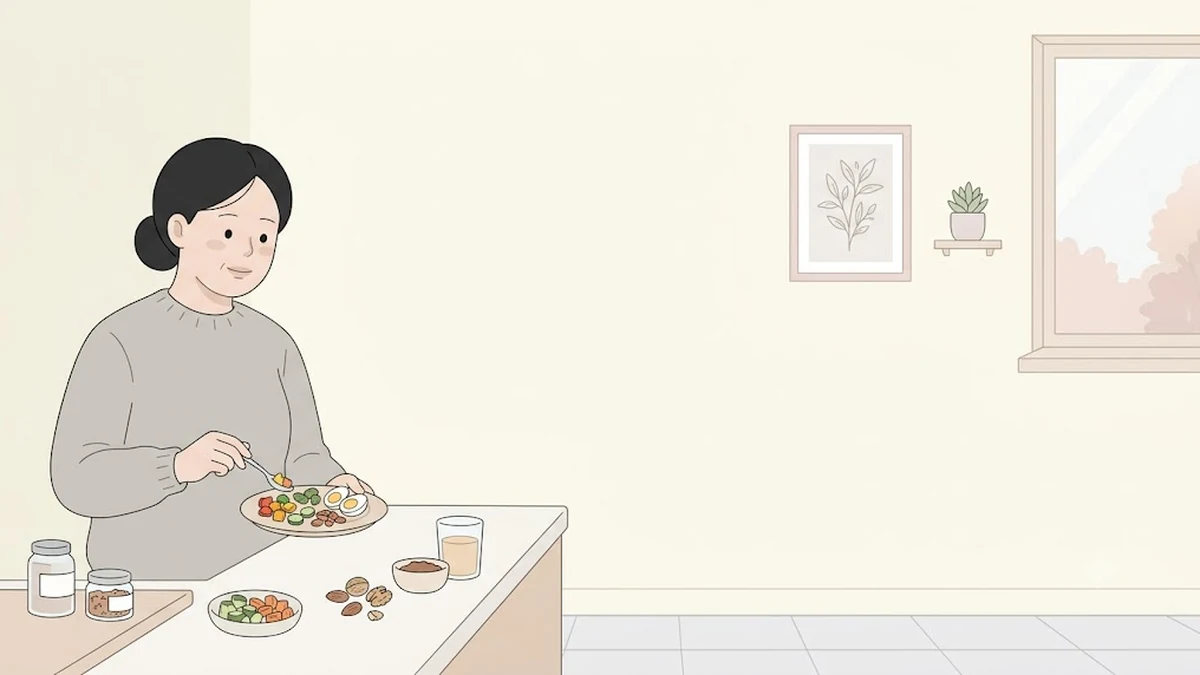 소식 영양, 다이어트 주사 영양부족, 조리대에서 여러 색 채소와 견과를 담은 작은 접시