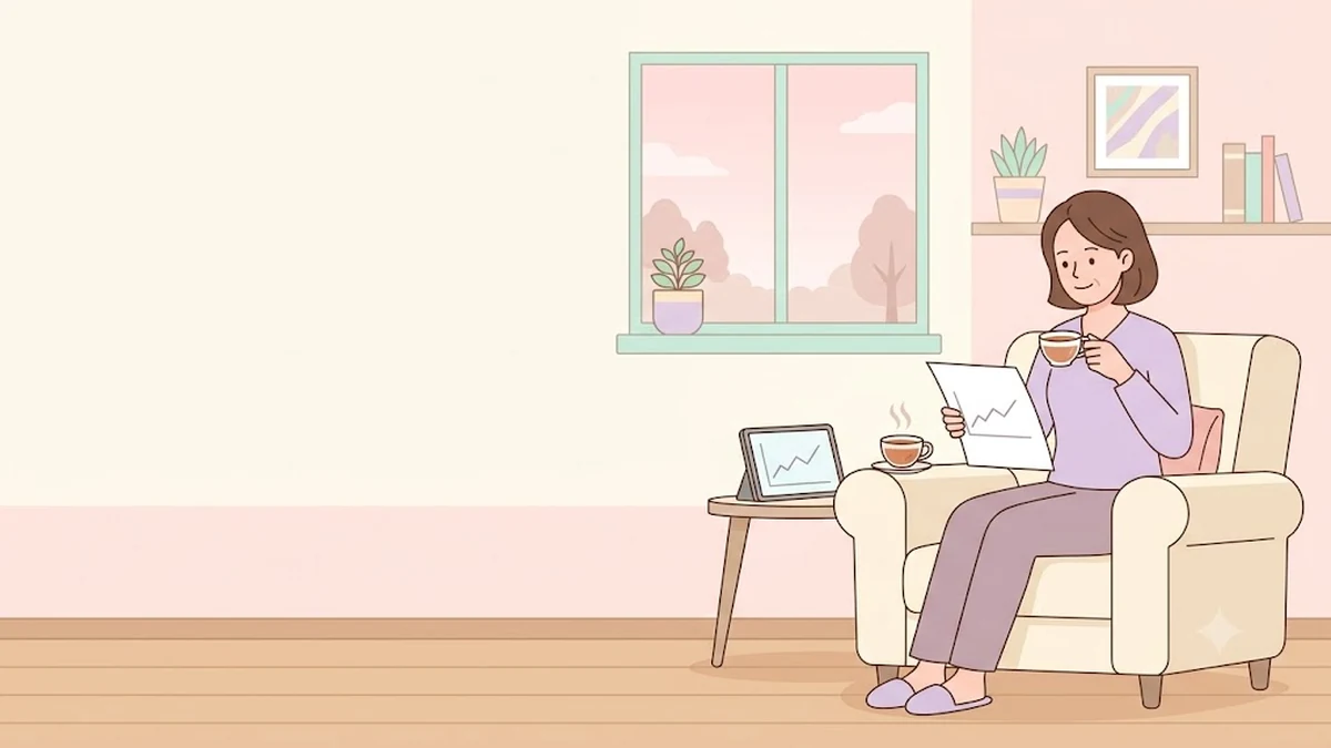 대사 적응 연구 브리핑, 거실에서 체중 그래프를 보며 차를 마시는 차분한 장면