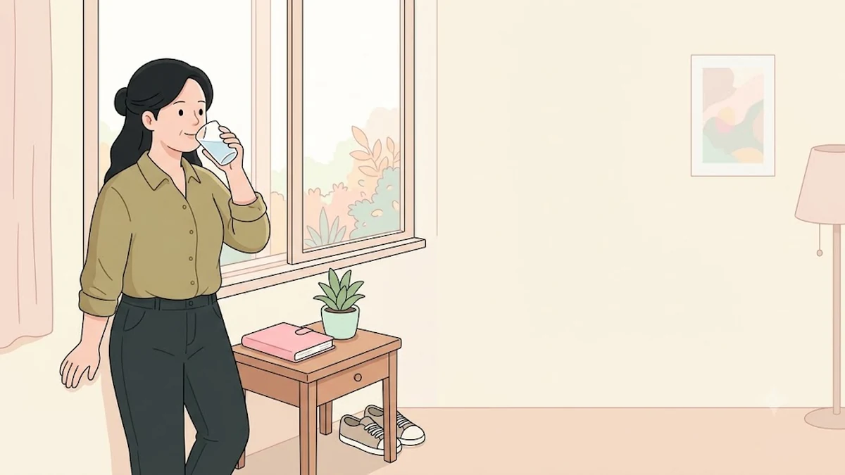위고비 유지 용량 고민, 목표 체중에 가까워진 유지기, 창가에서 물을 마시며 쉬는 장면
