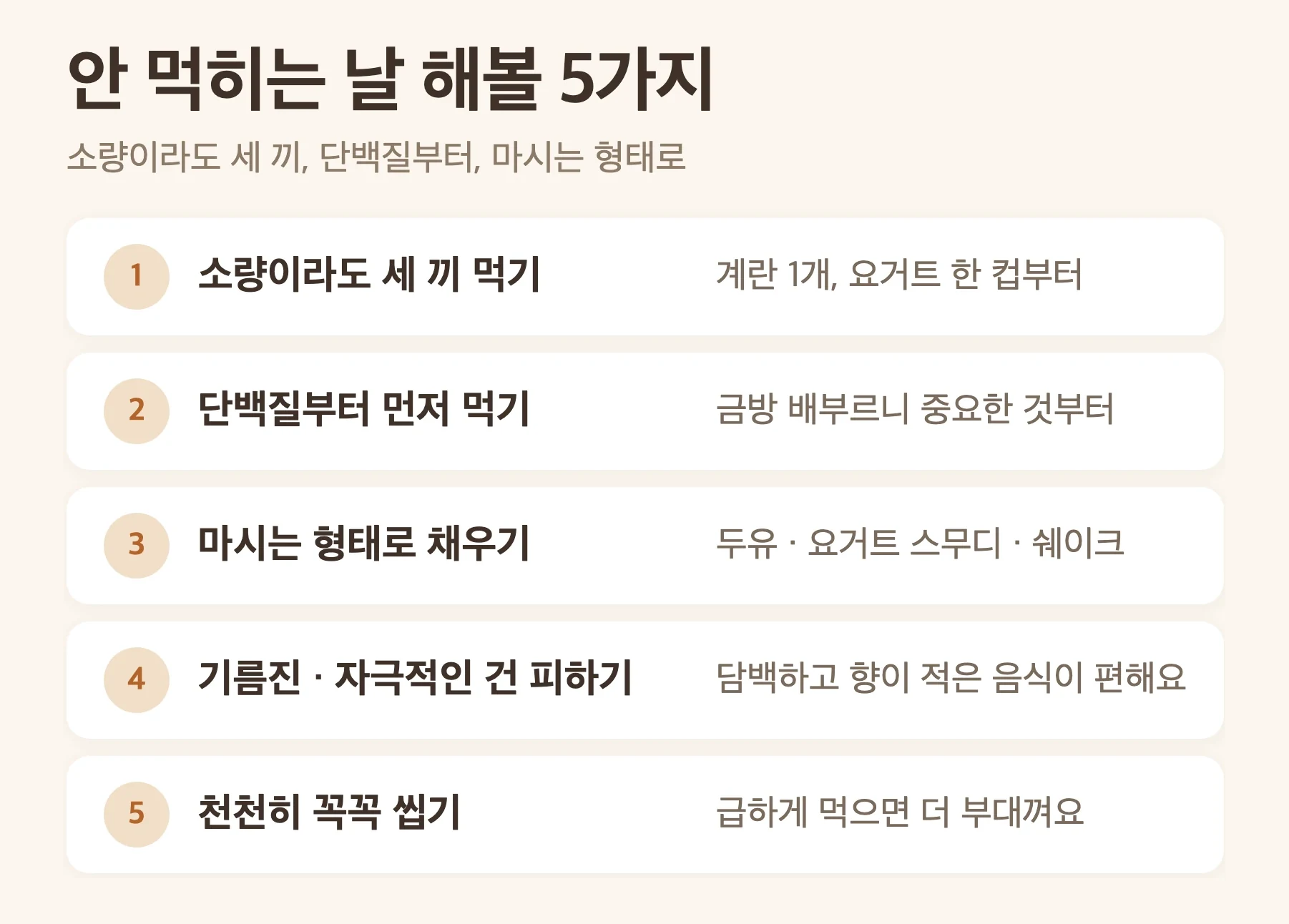 안 먹히는 날 식사법 5가지, 소량이라도 세 끼, 단백질부터 먼저, 마시는 형태로, 기름진 음식 피하기, 천천히 먹기