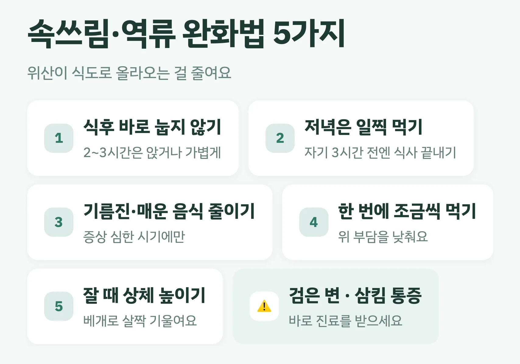 역류 완화 5가지, 식후 눕지 않기, 저녁 일찍 먹기, 기름진 음식 줄이기, 조금씩 먹기, 상체 높이기