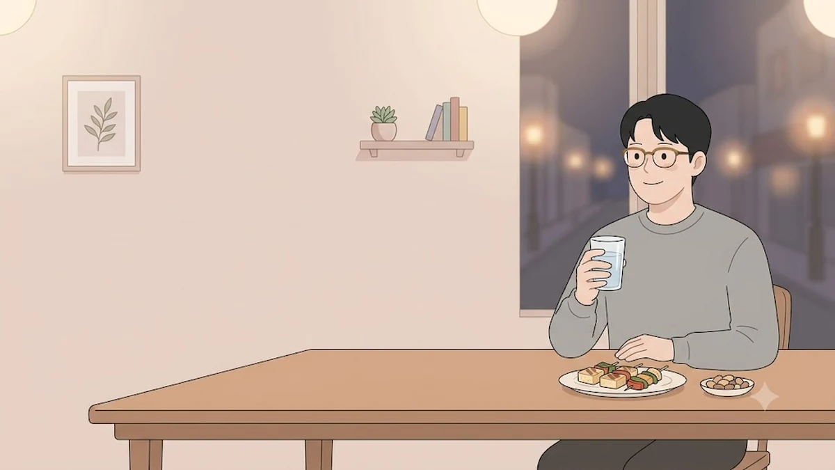 마운자로 음주, 위고비 음주, 저녁 식당 테이블에서 물잔을 든 장면