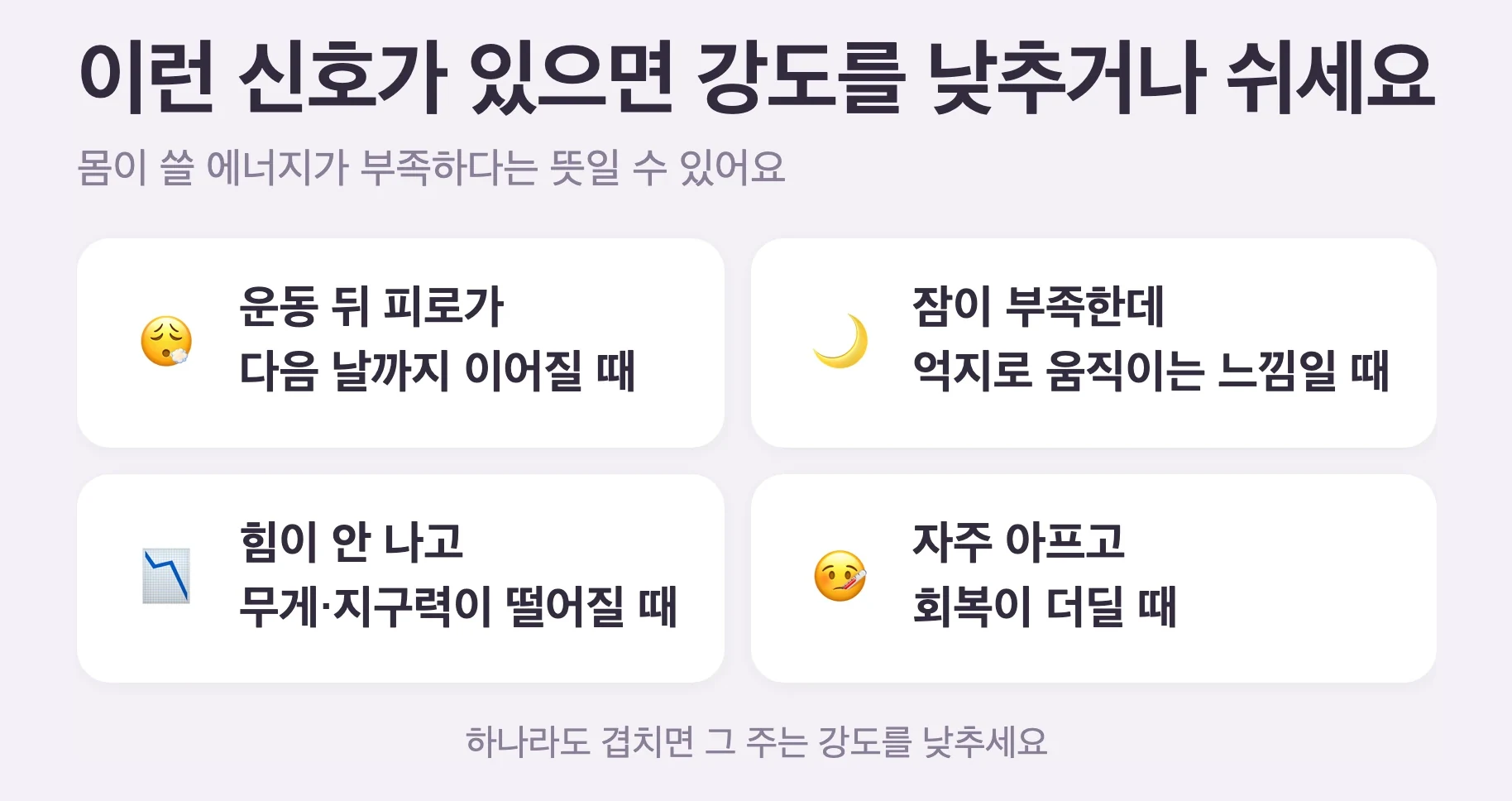 운동을 쉬거나 강도를 낮출 신호 4가지, 운동 뒤 피로가 다음 날까지 이어질 때, 잠이 부족한데 억지로 움직이는 느낌일 때, 예전보다 힘이 안 나고 무게나 지구력이 떨어질 때, 자주 아프고 회복이 더딜 때