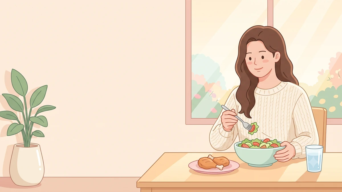 마운자로 먹으면 안 되는 음식, 위고비 피해야 할 음식, 식탁에서 치킨과 샐러드를 앞에 두고 먹는 양을 조절하는 장면