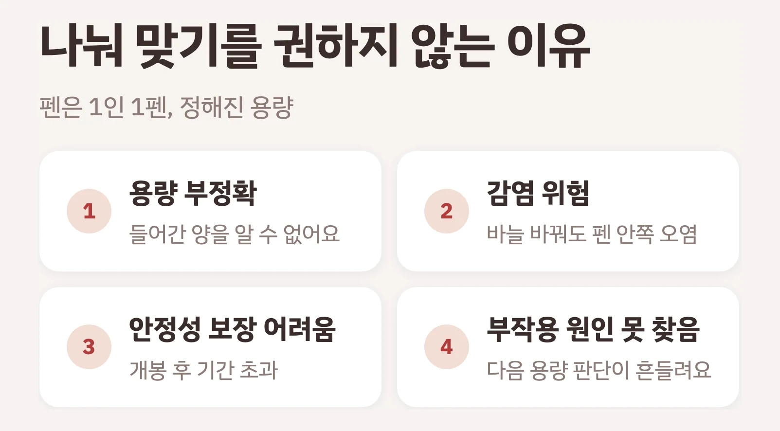 다이어트 주사 나눠 맞기를 권하지 않는 이유 4가지, 용량이 정확하지 않을 수 있음, 감염 위험, 약 안정성 보장 어려움, 부작용 원인 찾기 어려움