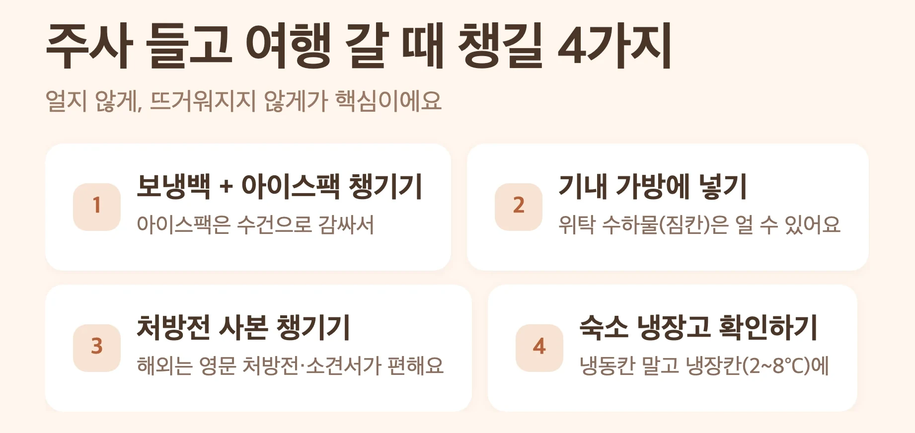 주사 들고 여행 갈 때 준비물 4가지, 보냉백과 아이스팩, 기내 가방, 처방전 사본, 숙소 냉장고 확인