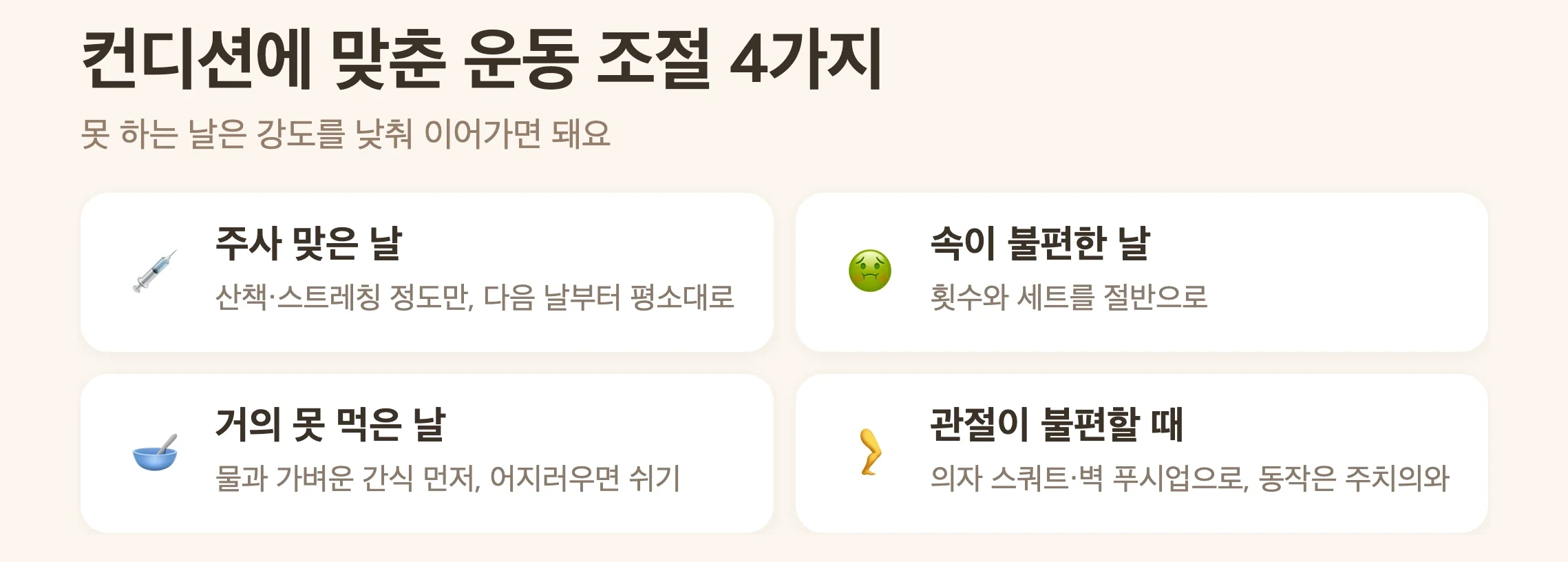 컨디션별 근력운동 조절, 주사 맞은 날은 가벼운 활동, 속이 불편한 날은 횟수 절반, 못 먹은 날은 물과 간식 먼저, 관절이 불편하면 의자와 벽 동작으로