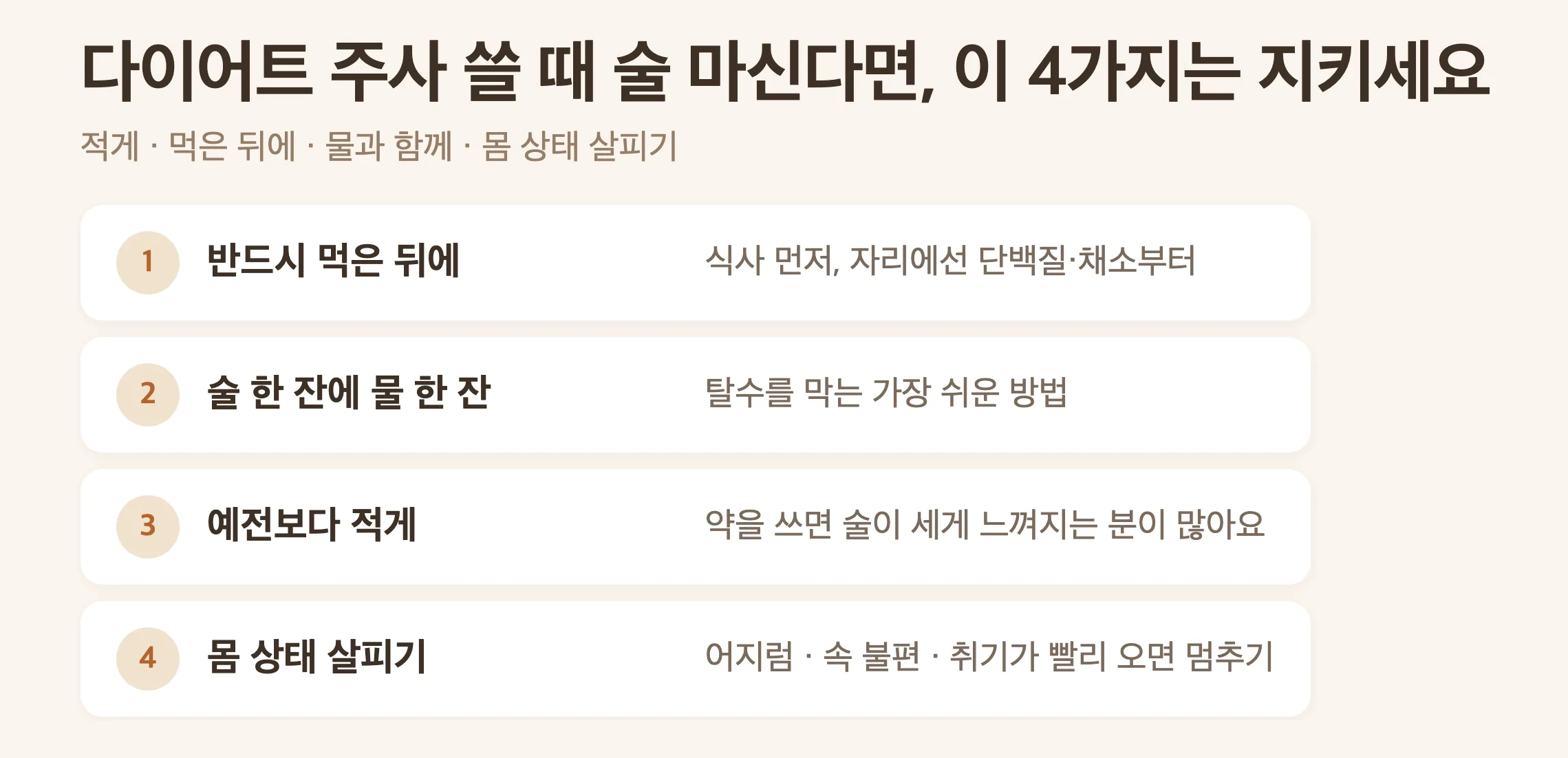 다이어트 주사 쓸 때 술자리에서 지킬 4가지, 반드시 먹은 뒤에, 술 한 잔에 물 한 잔, 예전보다 적게, 몸 상태 살피기
