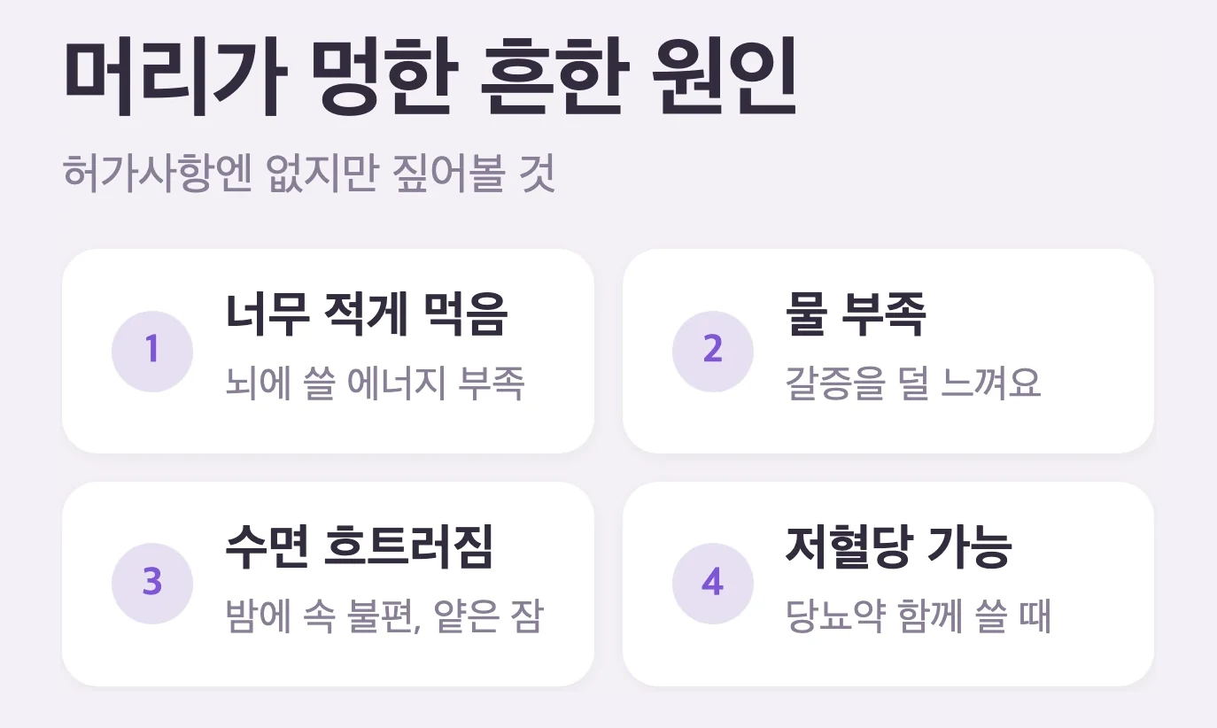 머리가 멍한 흔한 원인 4가지, 너무 적게 먹음, 물 부족, 수면 흐트러짐, 당뇨약 병용 시 저혈당