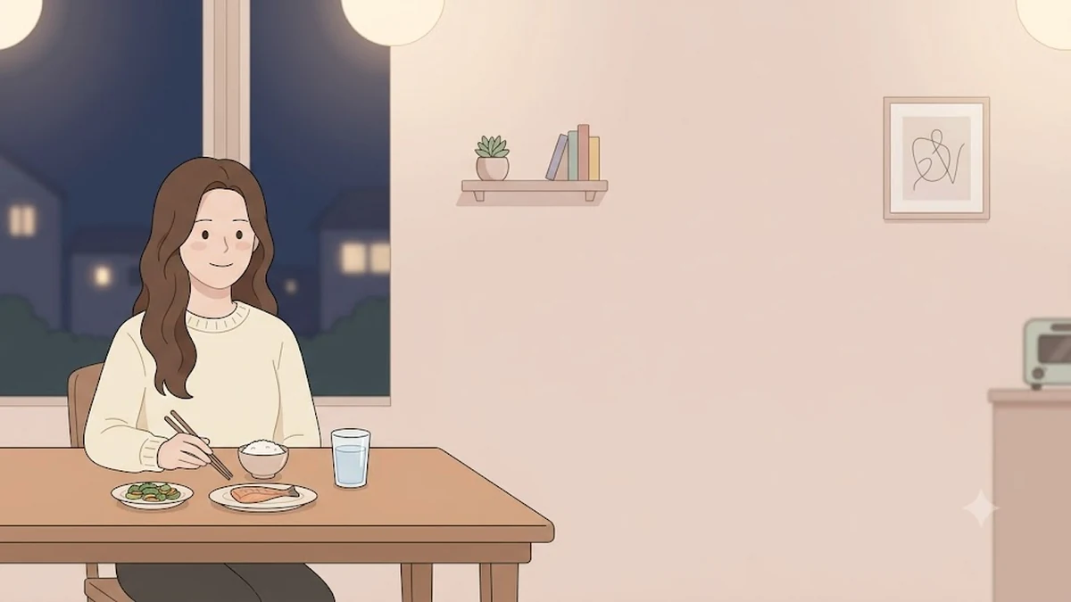 야식, 시간영양학, 어둑한 저녁 주방에서 작은 접시를 든 장면