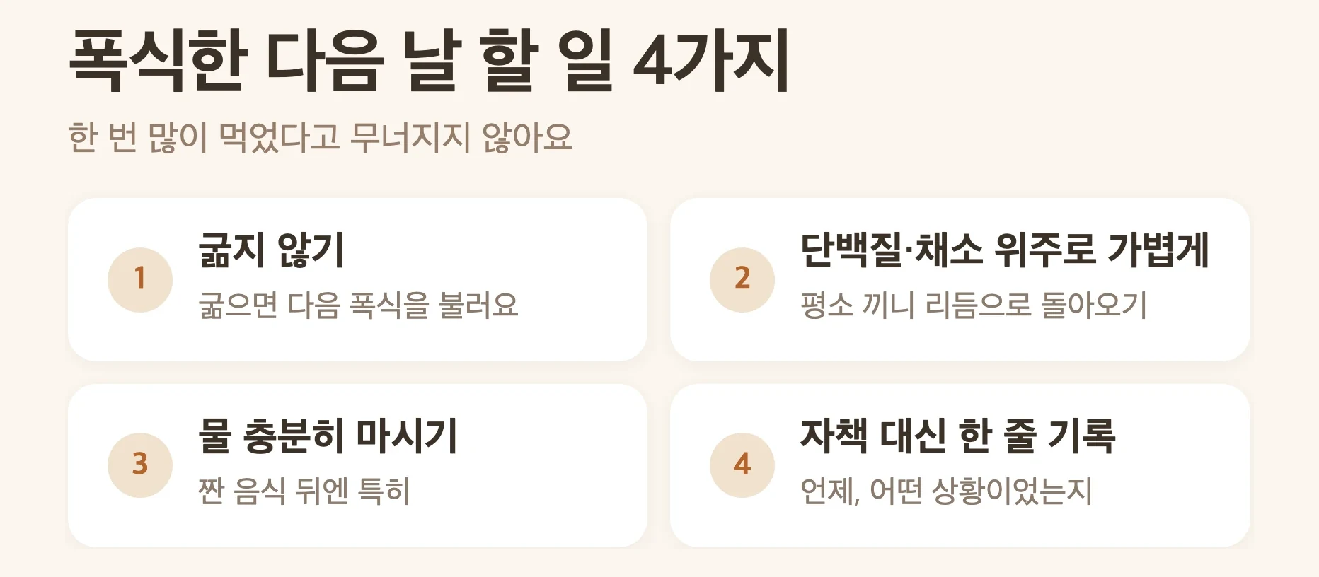 폭식한 다음 날 복구법 3가지, 굶지 말고 평소 끼니, 단백질과 채소 위주로 가볍게, 자책 대신 기록