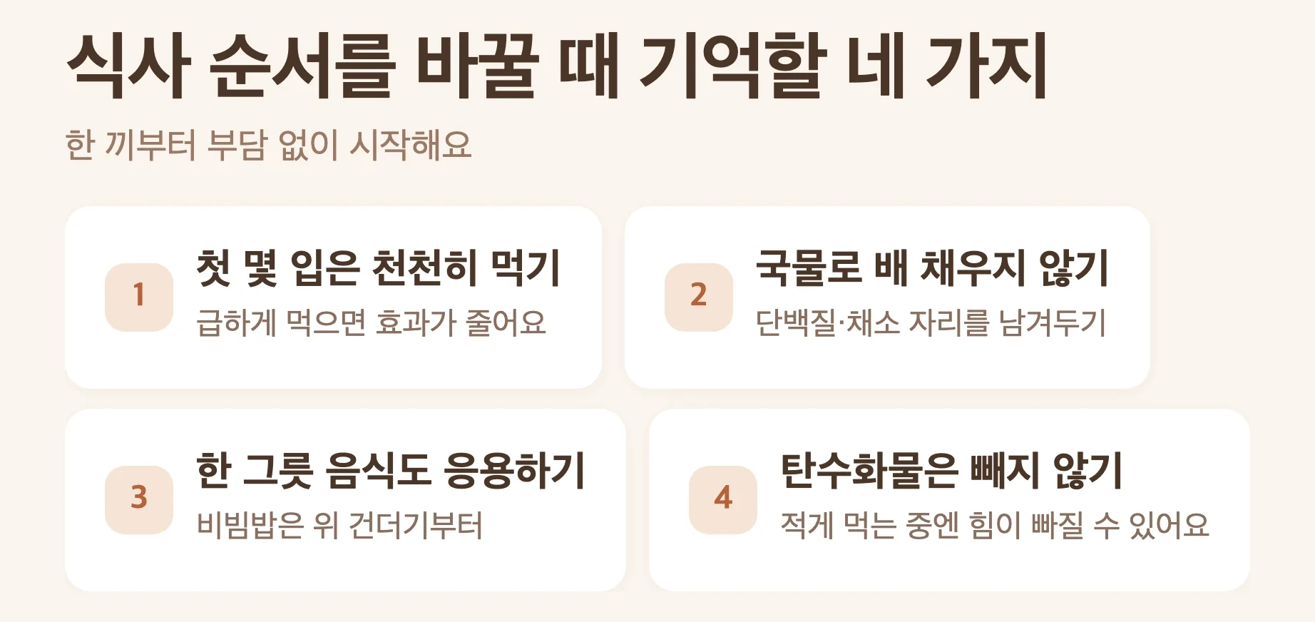 거꾸로 식사법 실천 팁 4가지, 첫 몇 입은 천천히, 국물로 배 채우지 않기, 한 그릇 음식도 응용, 외식·회식도 같은 순서로