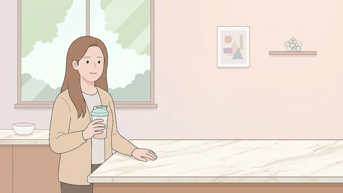 마운자로 단백질 쉐이크, 다이어트 주사 프로틴, 주방에서 쉐이커 컵을 든 장면