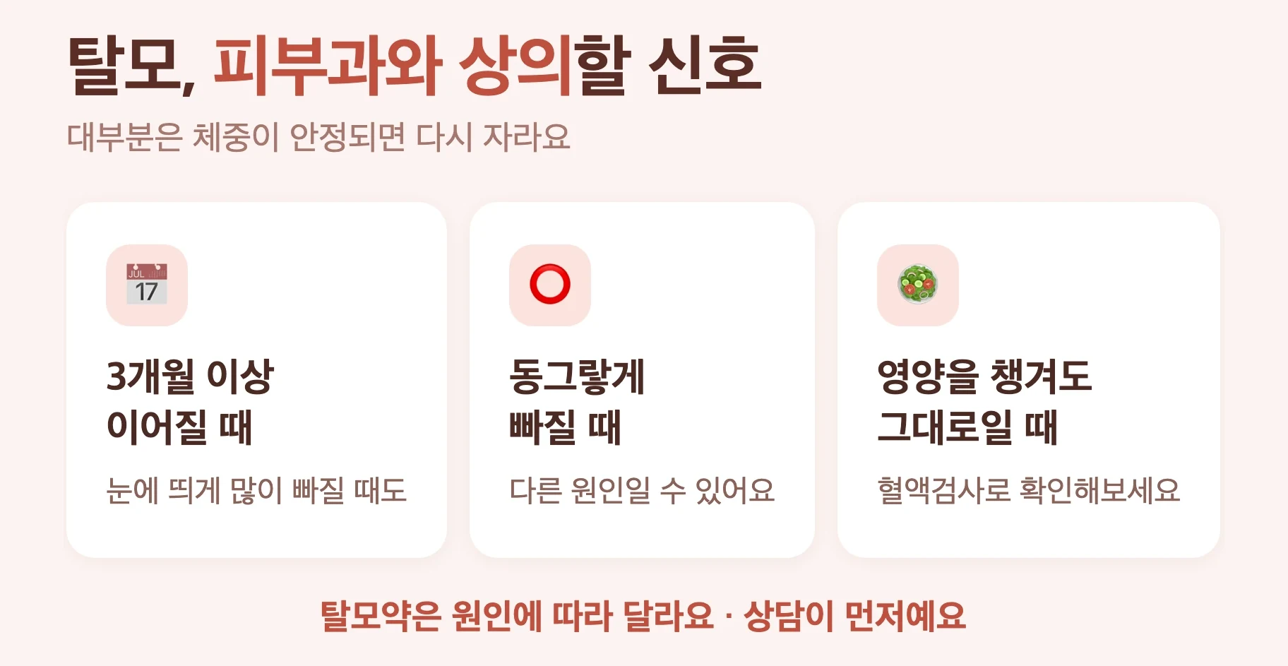 다이어트 주사 탈모 상담 신호, 몇 달째 지속, 두피 동그랗게 빠짐, 영양 보충해도 그대로