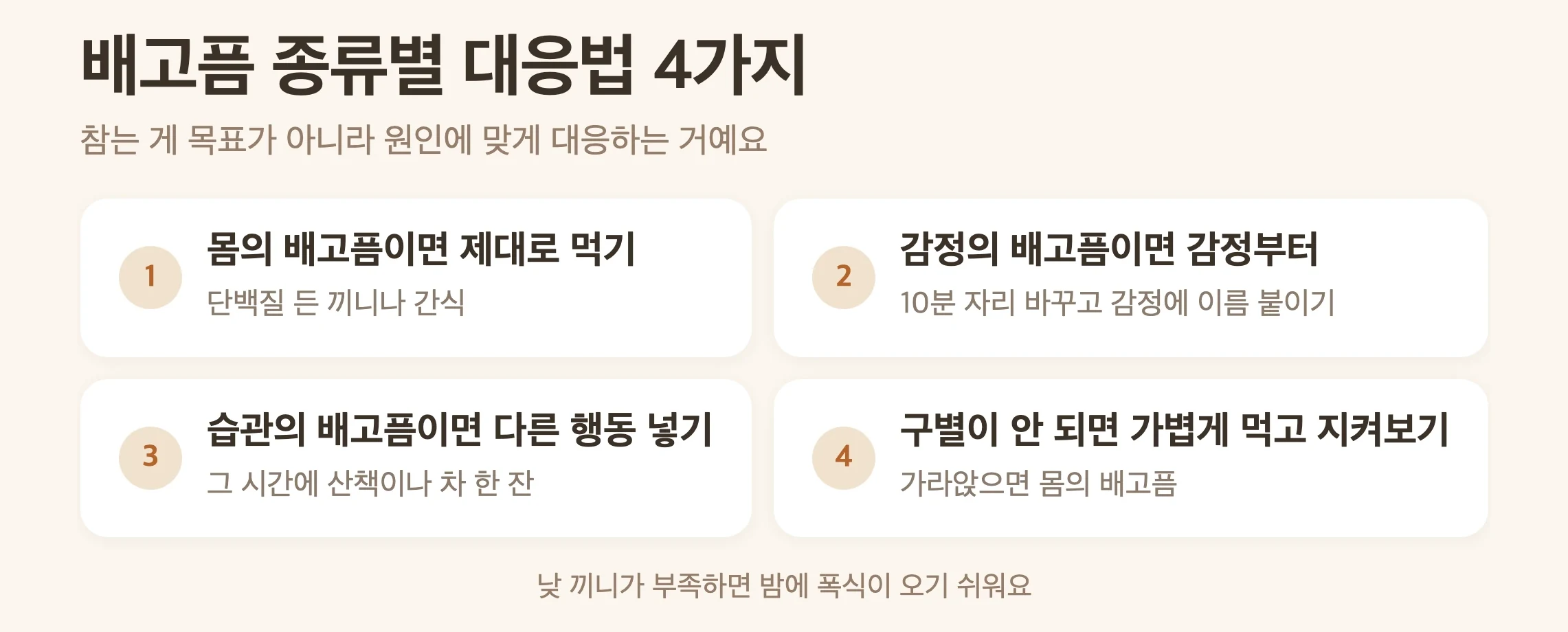 배고픔 종류별 대응, 몸의 배고픔은 단백질 든 끼니로 채우기, 감정의 배고픔은 10분 자리 바꾸고 감정 이름 붙이기, 습관의 배고픔은 그 시간에 다른 행동 넣기, 갈증은 물 한 잔 먼저