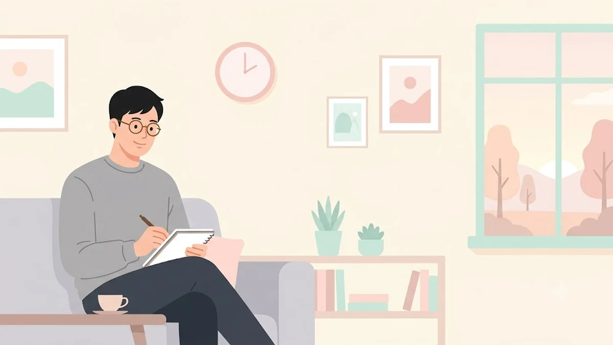 마운자로·위고비 용량 조정 상담 준비, 소파에서 노트에 경과를 정리하는 장면