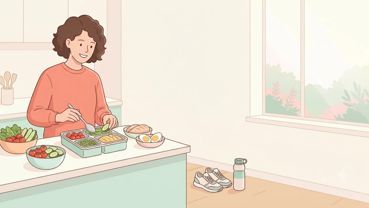 다이어트 주사 끊은 후 관리, 마운자로 중단 후 습관, 주방에서 도시락에 채소와 단백질 반찬을 담는 장면