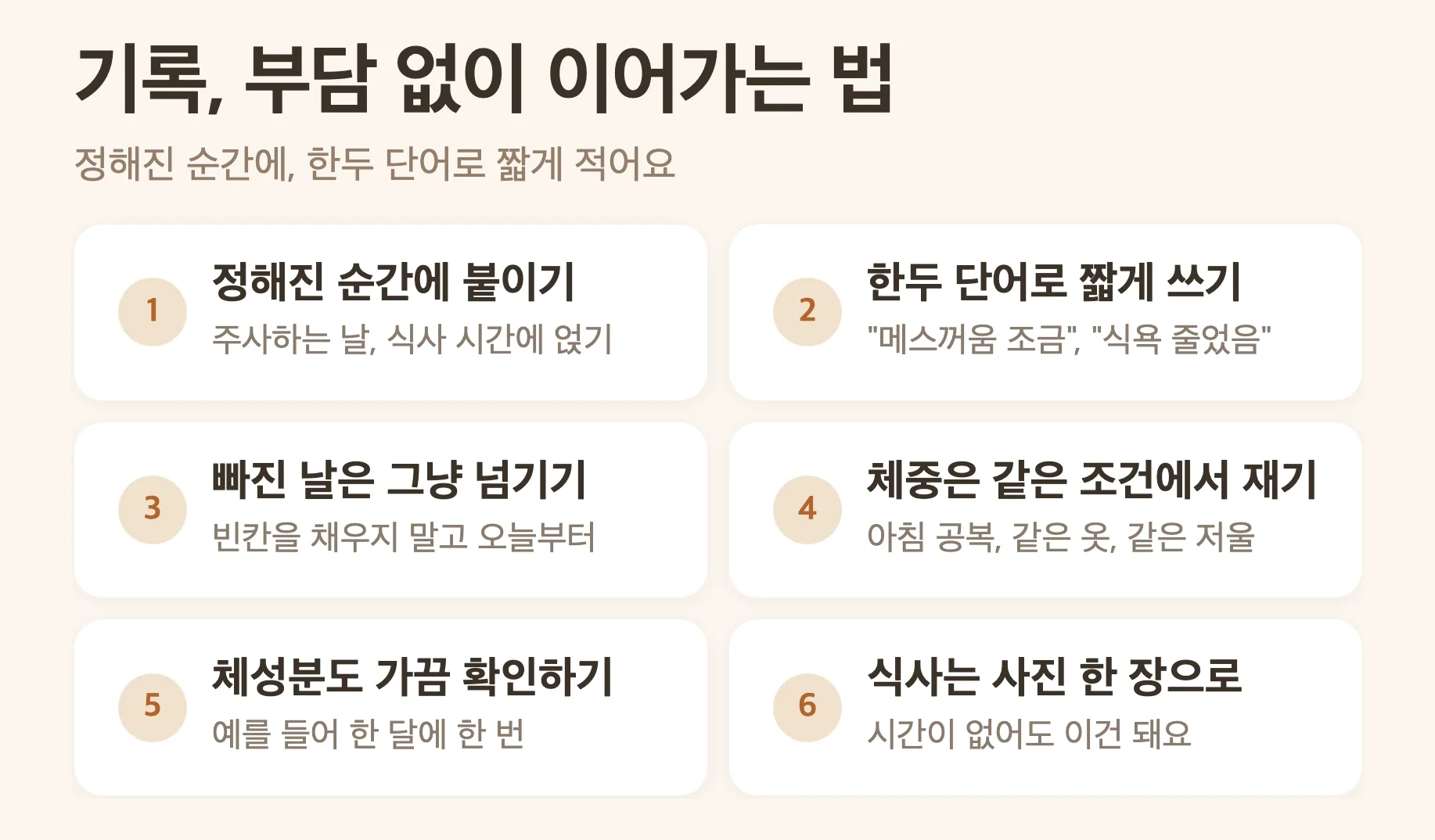 기록을 부담 없이 이어가는 법 5가지, 이미 정해진 순간에 붙이기, 한두 단어로 짧게, 완벽하지 않아도 괜찮아요, 체중은 같은 조건에서 재기, 체성분도 주기적으로