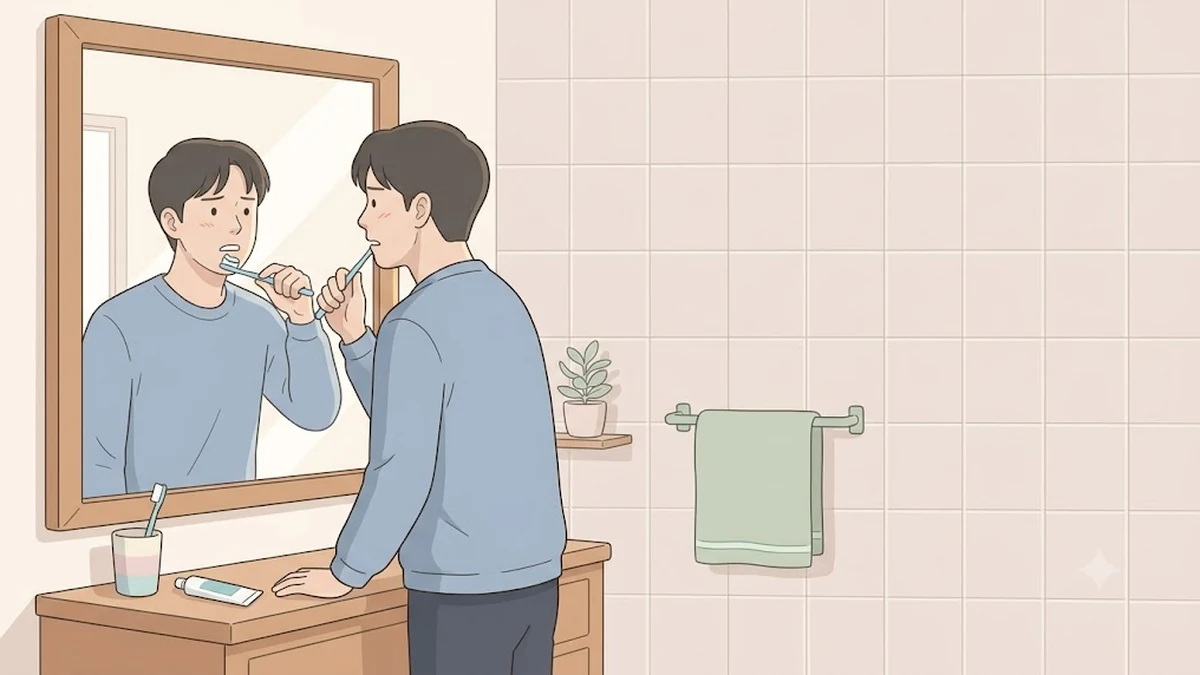 위고비 충치, 오젬픽 마우스, 다이어트 주사 구강건강, 양치하며 입안을 살피는 사람