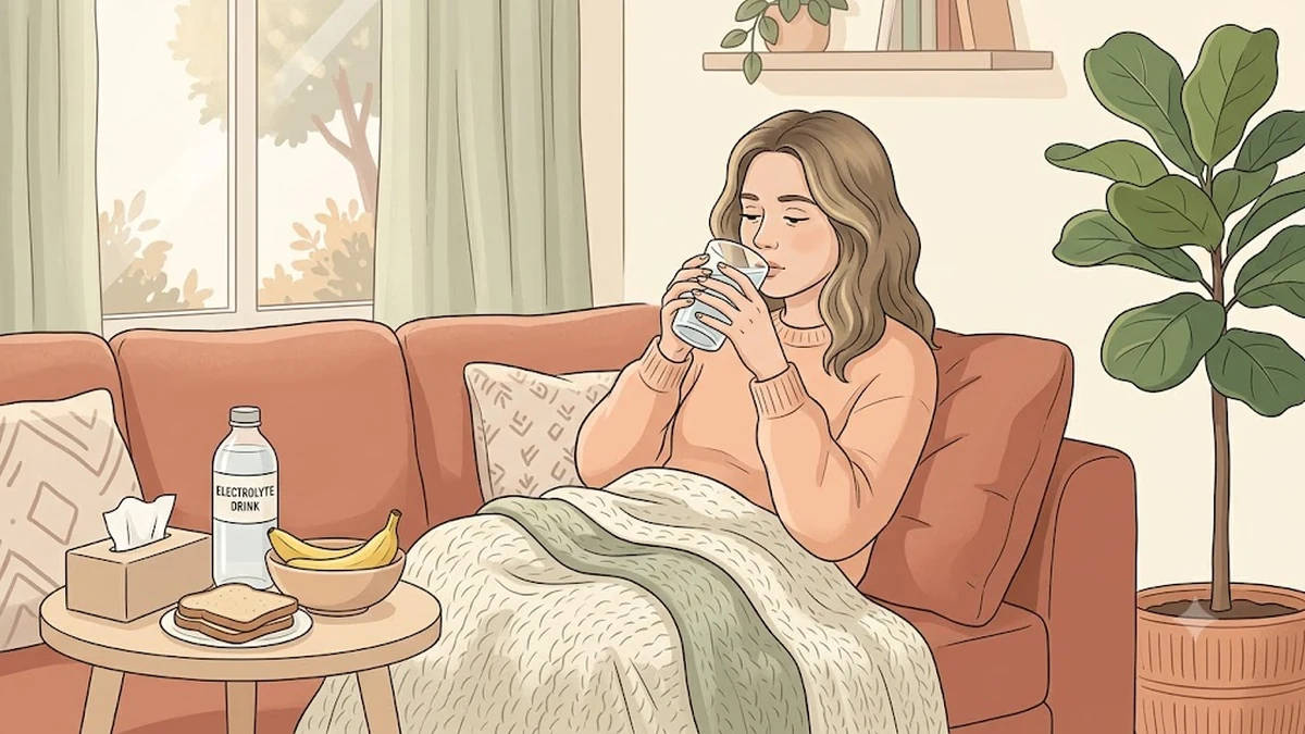 소파에서 물을 마시며 쉬는 사람과 이온 음료·바나나, 마운자로 설사, 위고비 설사, 수분과 전해질 보충