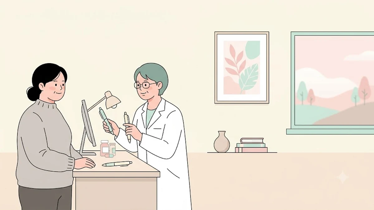 마운자로와 위고비 비교, 약국 창구에서 약사와 두 종류의 펜에 대해 이야기하는 장면