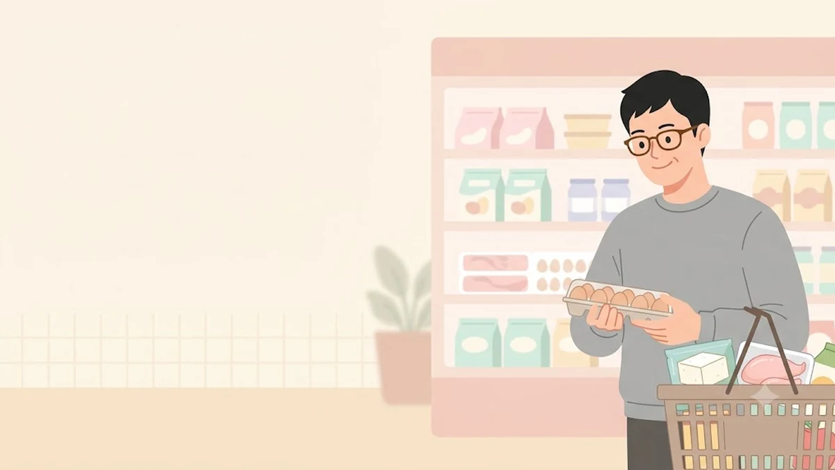 단백질 음식, 장보기, 마트에서 달걀 두부 닭가슴살이 담긴 장바구니를 든 장면