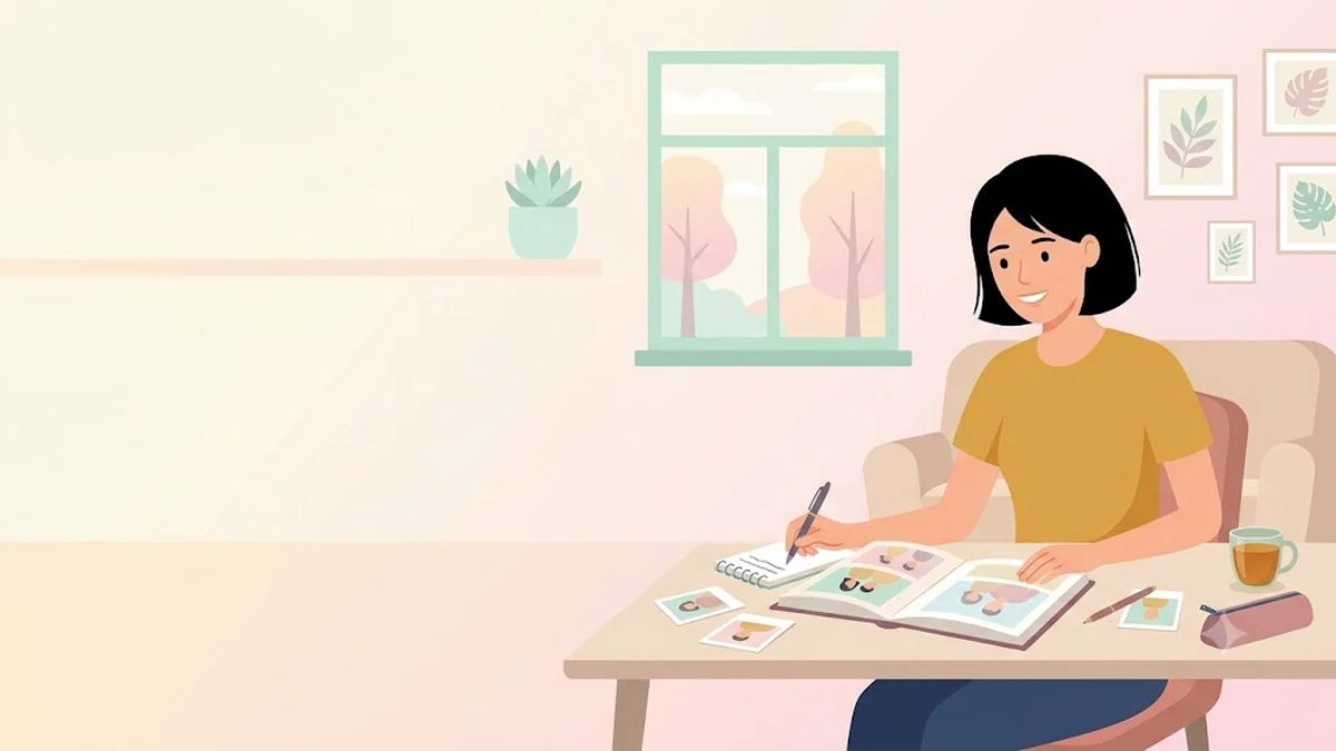 마운자로·위고비 갑상선암 경고 확인, 거실에서 가족 앨범과 메모를 보며 가족력을 정리하는 장면