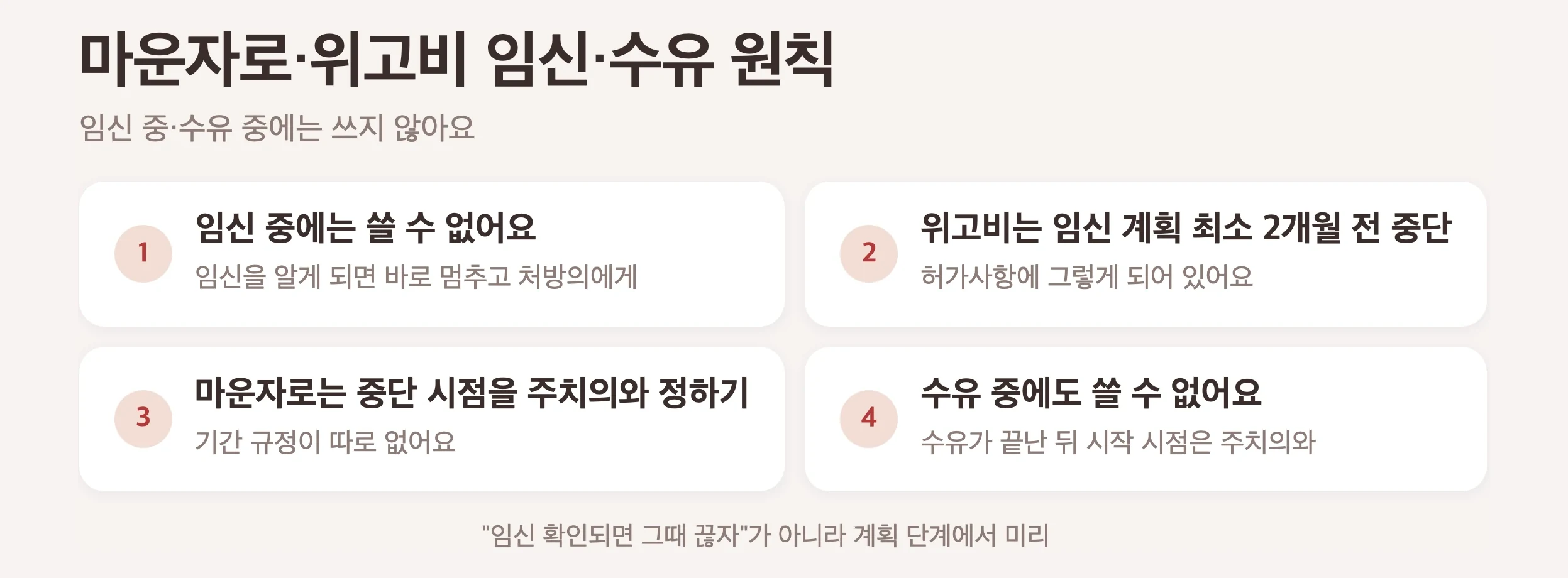 마운자로·위고비 임신·수유 원칙 3가지, 임신 중 사용 금지, 위고비는 임신 계획 최소 2개월 전 중단, 수유 중 사용 금지, 중단 시점은 주치의와