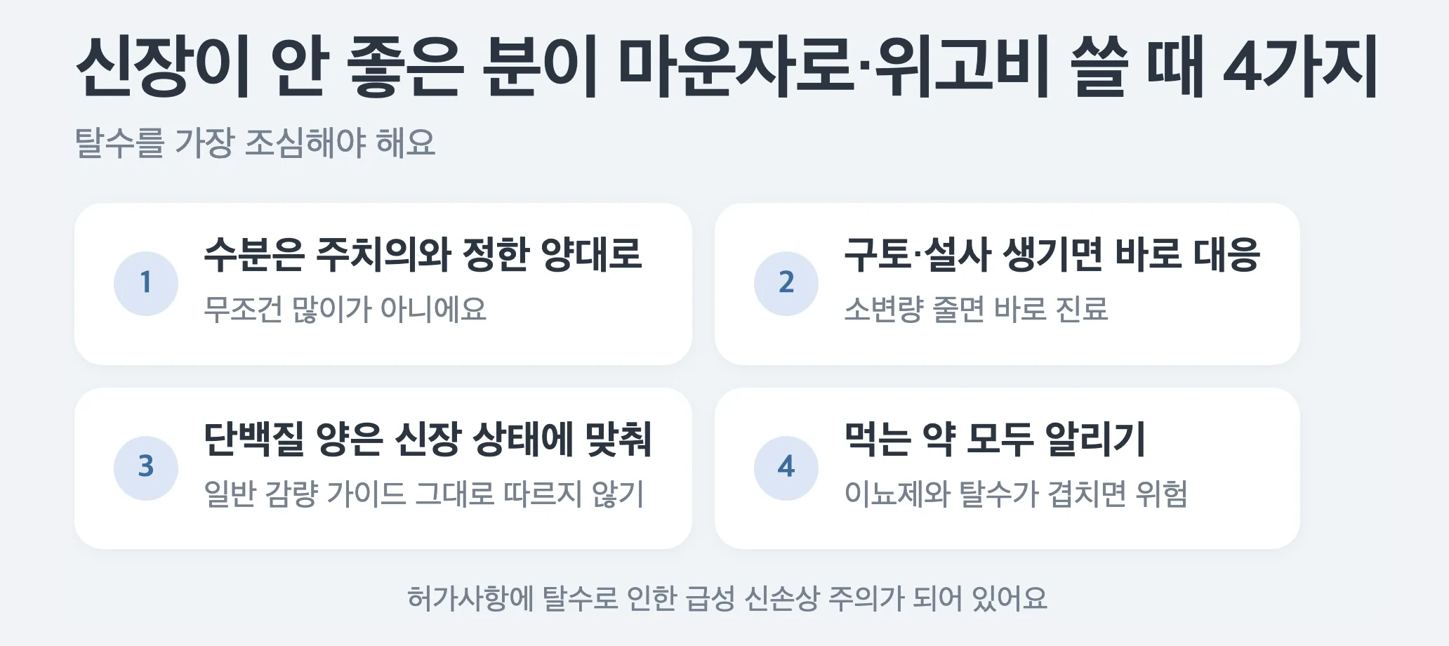 신장이 안 좋은 분이 마운자로·위고비 쓸 때 4가지, 수분은 주치의가 정한 양대로, 구토·설사 생기면 바로 대응, 단백질 목표는 주치의와 신장 영양사와, 먹는 약 모두 알리기