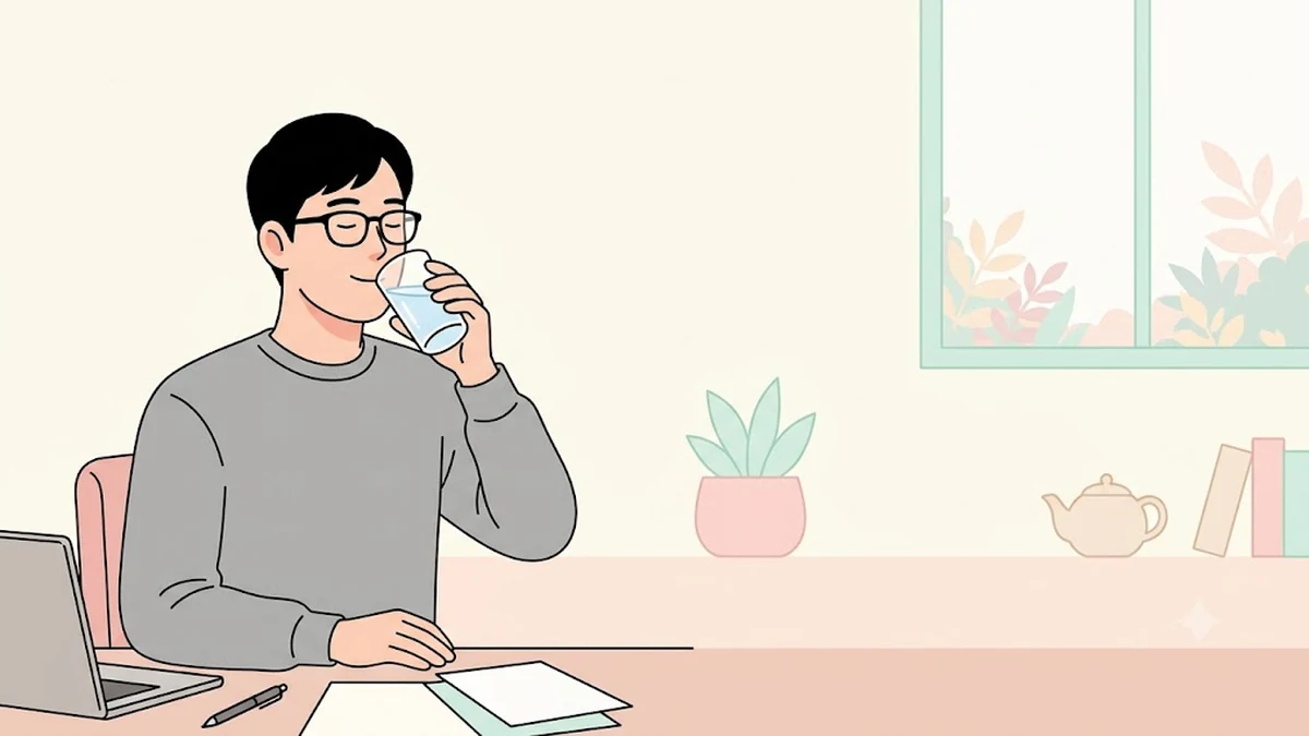 업무 중 집중이 안 돼 물을 마시며 잠시 쉬는 장면