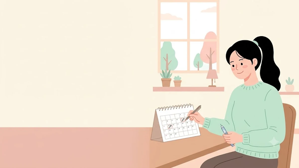 주 1회 투여 일정, 달력에 주사일을 표시하고 펜을 확인하는 장면