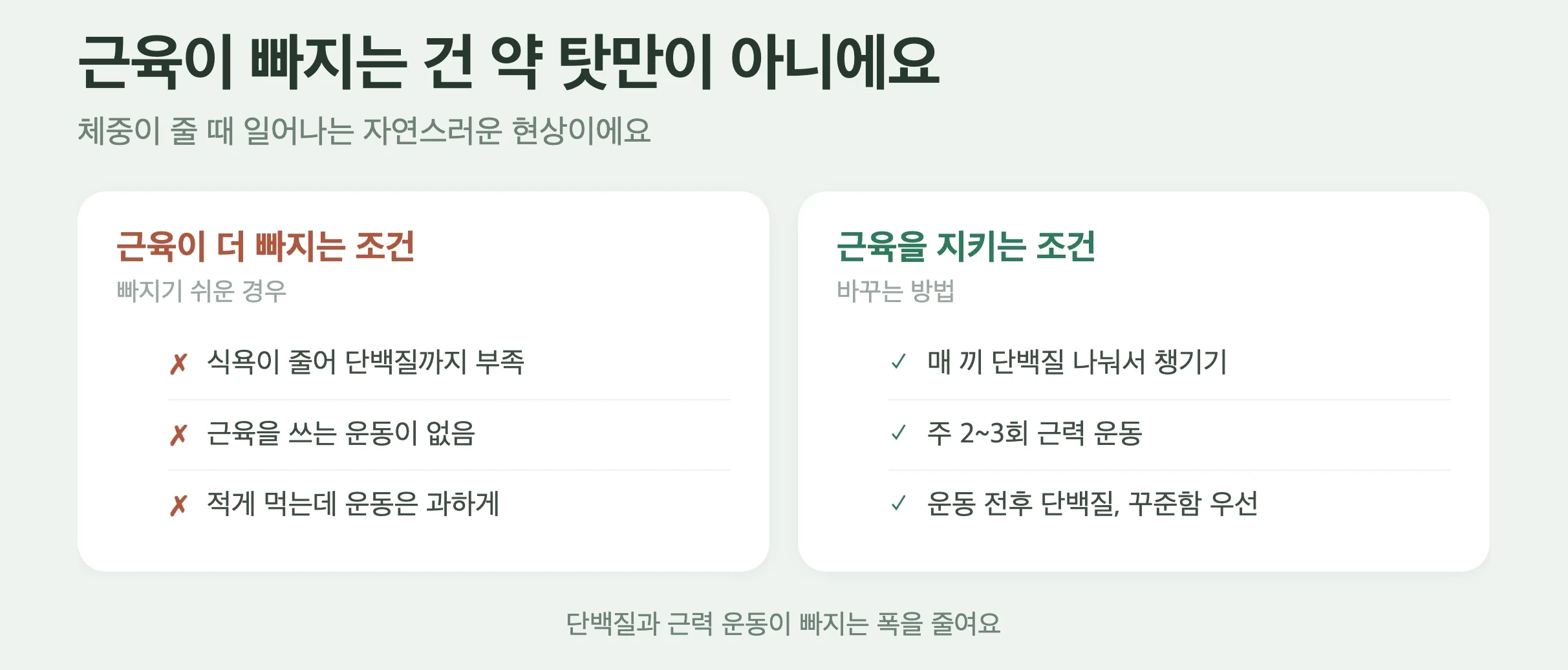 근육이 더 빠지는 조건과 지키는 조건 비교, 단백질 부족과 운동 없음 대 매 끼 단백질과 주 2~3회 근력운동