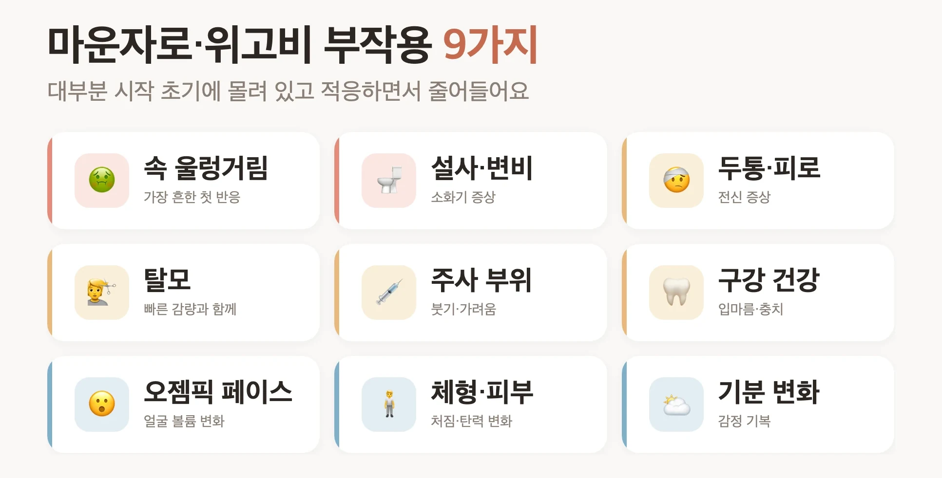 다이어트 주사 부작용 9가지 한눈에, 소화기·전신·탈모·주사부위·구강·오젬픽페이스·체형·기분변화