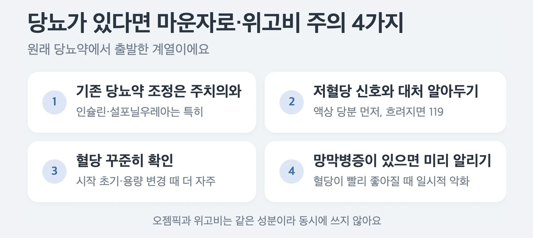당뇨가 있다면 마운자로·위고비 주의 4가지, 기존 당뇨약 조정은 주치의와, 저혈당 신호와 대처 알아두기, 혈당 꾸준히 확인, 망막병증이 있으면 미리 알리기