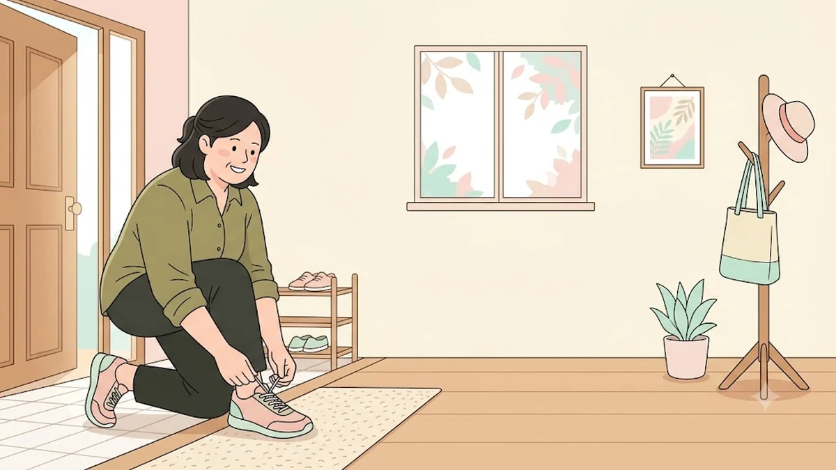 마운자로·위고비 쓸 때 활동량 지키기, 현관에서 운동화 끈을 묶고 나갈 준비를 하는 장면