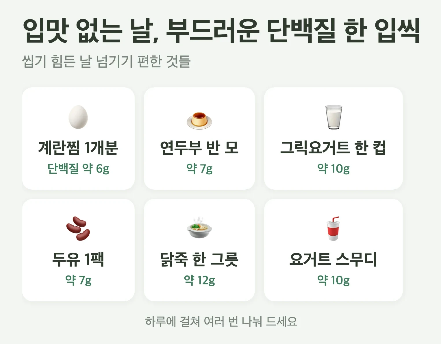 씹기 힘든 날 부드러운 단백질 음식 6가지, 계란찜, 연두부, 그릭요거트, 두유, 닭죽, 요거트 스무디와 대략적인 단백질 g