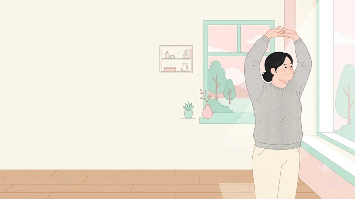 폐경 이행기의 마운자로·위고비, 아침 창가에서 가볍게 스트레칭하는 40대 여성의 차분한 장면