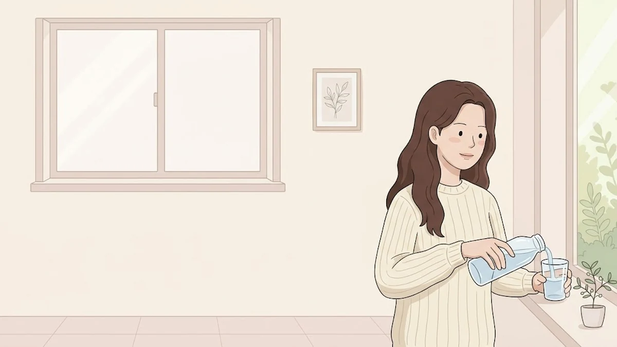 다이어트 주사 물, 마운자로 탈수, 위고비 갈증, 창가에서 유리컵에 물을 따르는 장면