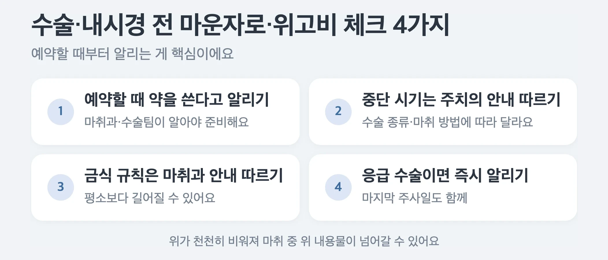 마운자로·위고비 쓰는 중 수술이나 내시경 전 4가지, 예약할 때 약 사용 중이라고 알리기, 중단 시기는 주치의 안내대로, 금식 규칙은 마취과 안내대로, 응급 수술이면 즉시 알리기