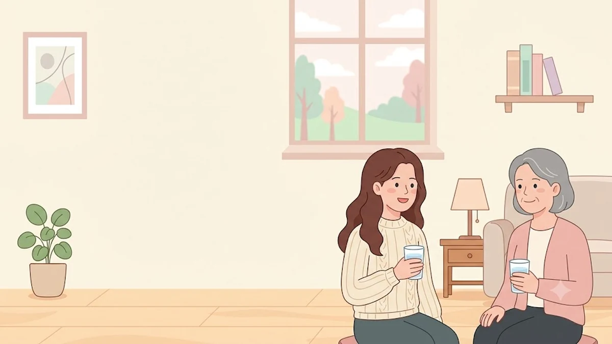 고령자의 마운자로·위고비 사용, 딸과 어머니가 거실에서 함께 물을 마시며 이야기하는 장면