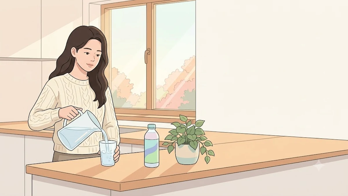물컵을 들고 지친 표정으로 앉은 사람, 위고비 구토 언제까지, 다이어트 주사 탈수, 구토 후 수분 보충
