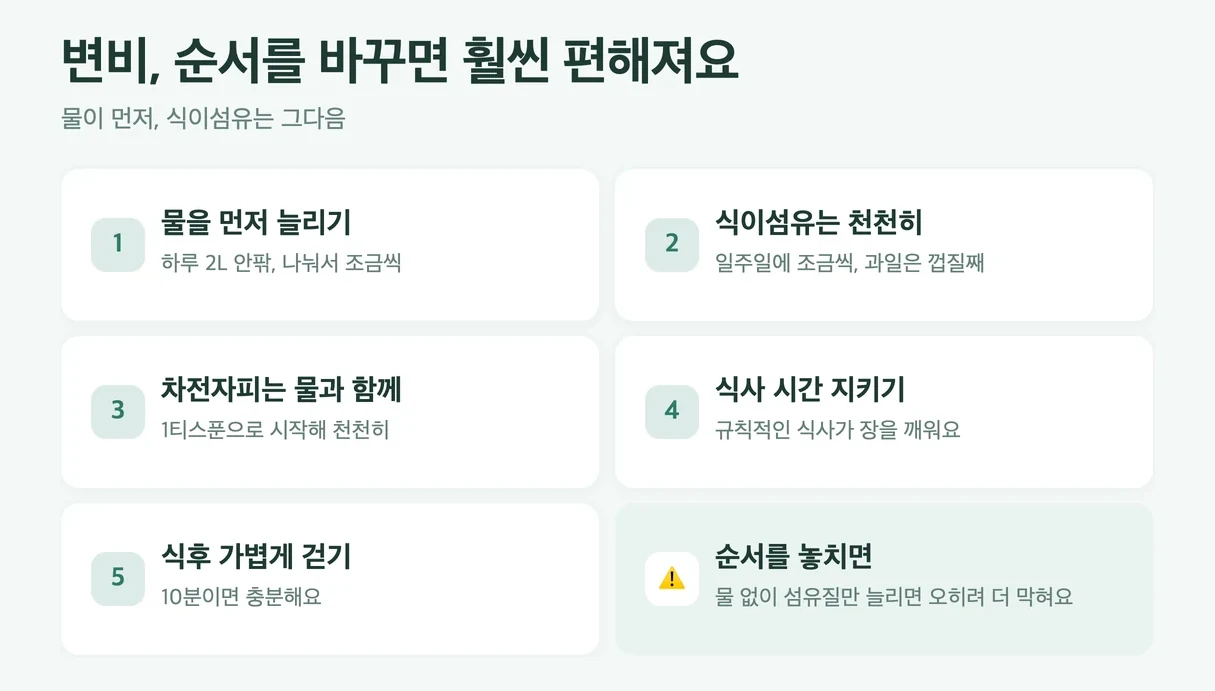 GLP-1 변비 관리 5가지, 물 먼저 늘리기, 식이섬유 천천히 늘리기, 차전자피는 물과 함께 먹기, 규칙적인 식사, 가벼운 걷기