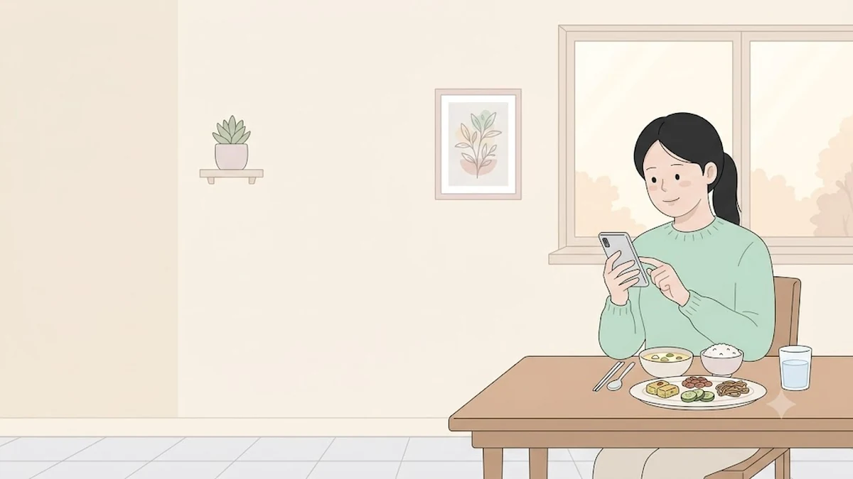 다이어트 주사 칼로리, 800칼로리, 식탁에서 앱으로 식사를 기록하는 장면