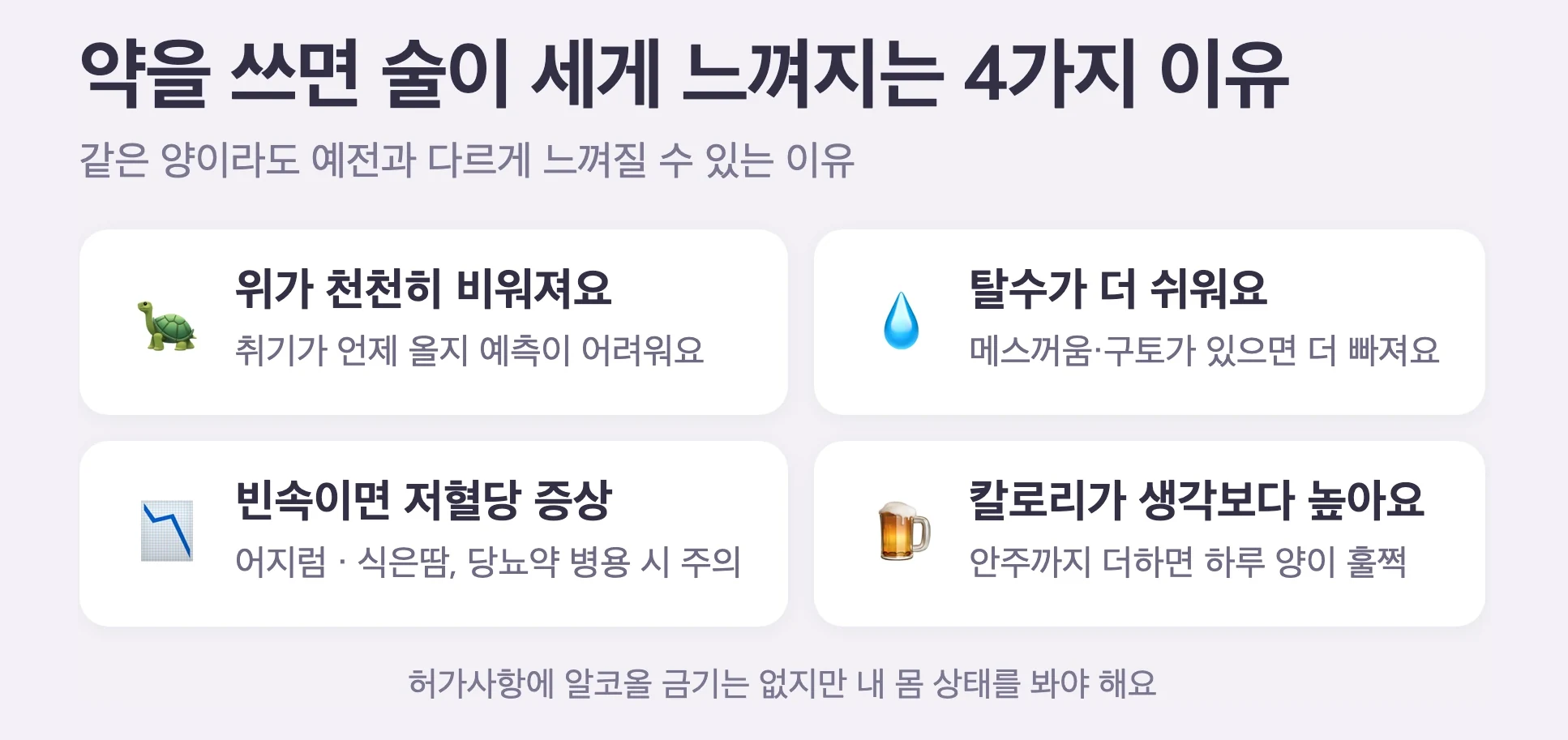 다이어트 주사 쓸 때 술이 다르게 느껴지는 이유 4가지, 위가 천천히 비워짐, 탈수가 쉬움, 빈속이면 저혈당 증상, 칼로리가 높음